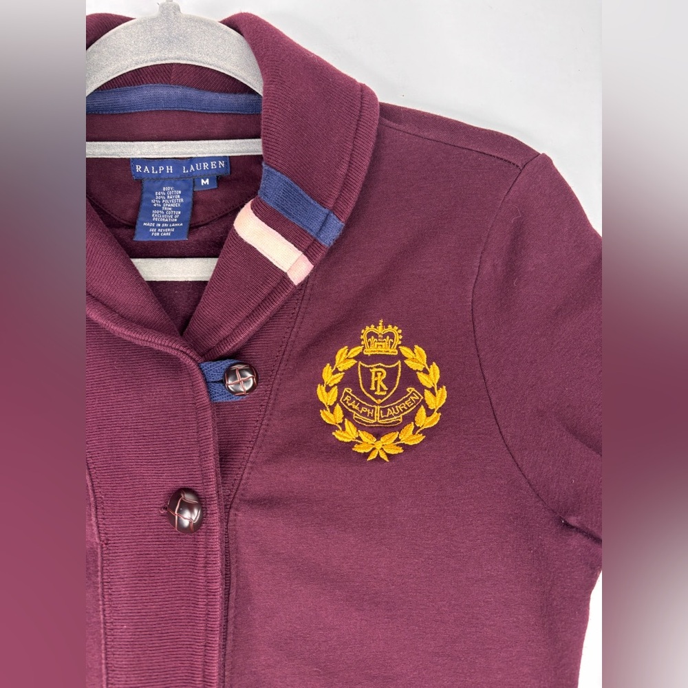 Ralph Lauren Preppy Burgundy Cardigan with Gold Laurel Embroidery Medium